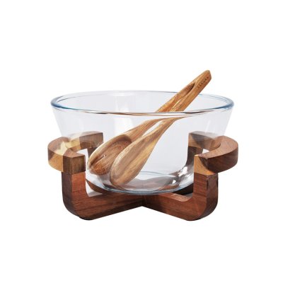 SAKURA 3-PIECE SET BOREAL MEDIUM - SALAD GLASS BOWL + ACACIA BASE AND TONGS
