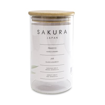 FRASCO SAKURA 1 L DE VIDRIO CON TAPA DE BAMBOO