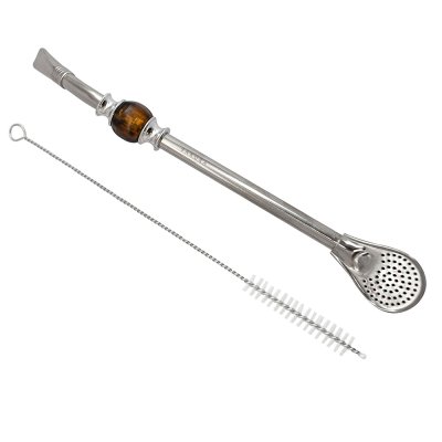 SAKURA MATE STRAW STONE EDITION BROWN AMBER STAINLESS STEEL WITH CLEANING BRUSH