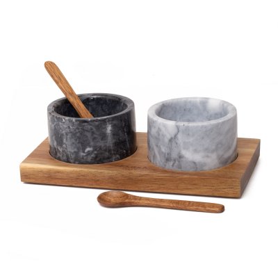 SET SALT & PEPPER SAKURA ROYAL DE MARMOL Y ACACIA - CUENCOS P/ DIPS CON CUCHARITAS